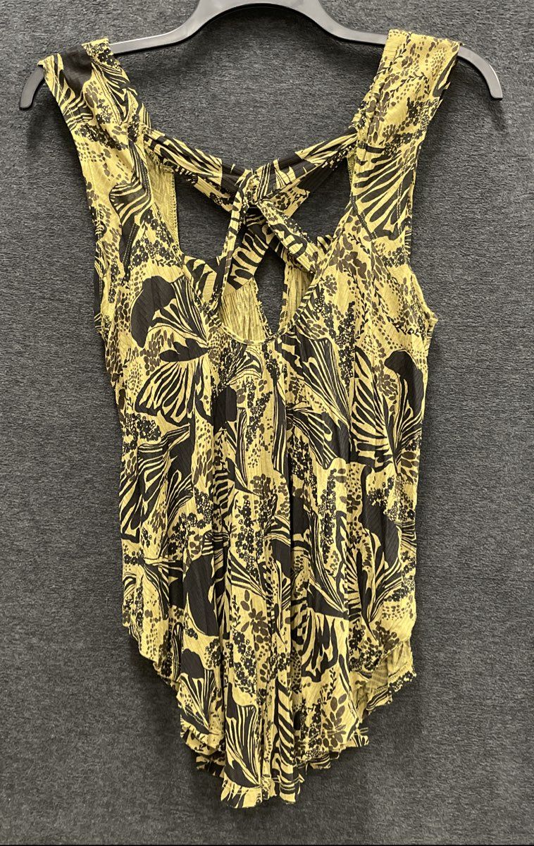 Free People Women's Olive Green Black Abstract Print Cross Back Tank Top Sz M