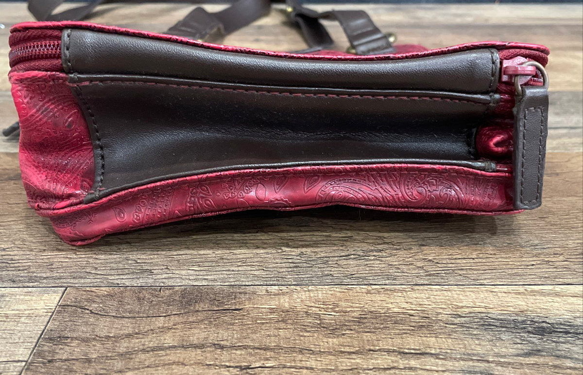 Relic Red Paisley Embossed Leather Crossbody Shoulder Bag Brass Hardware