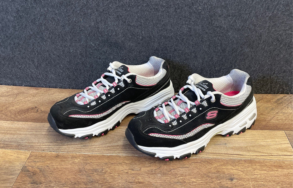 Skechers D'Lites Biggest Fan Black White Pink Walking Sneakers Women's Size 7