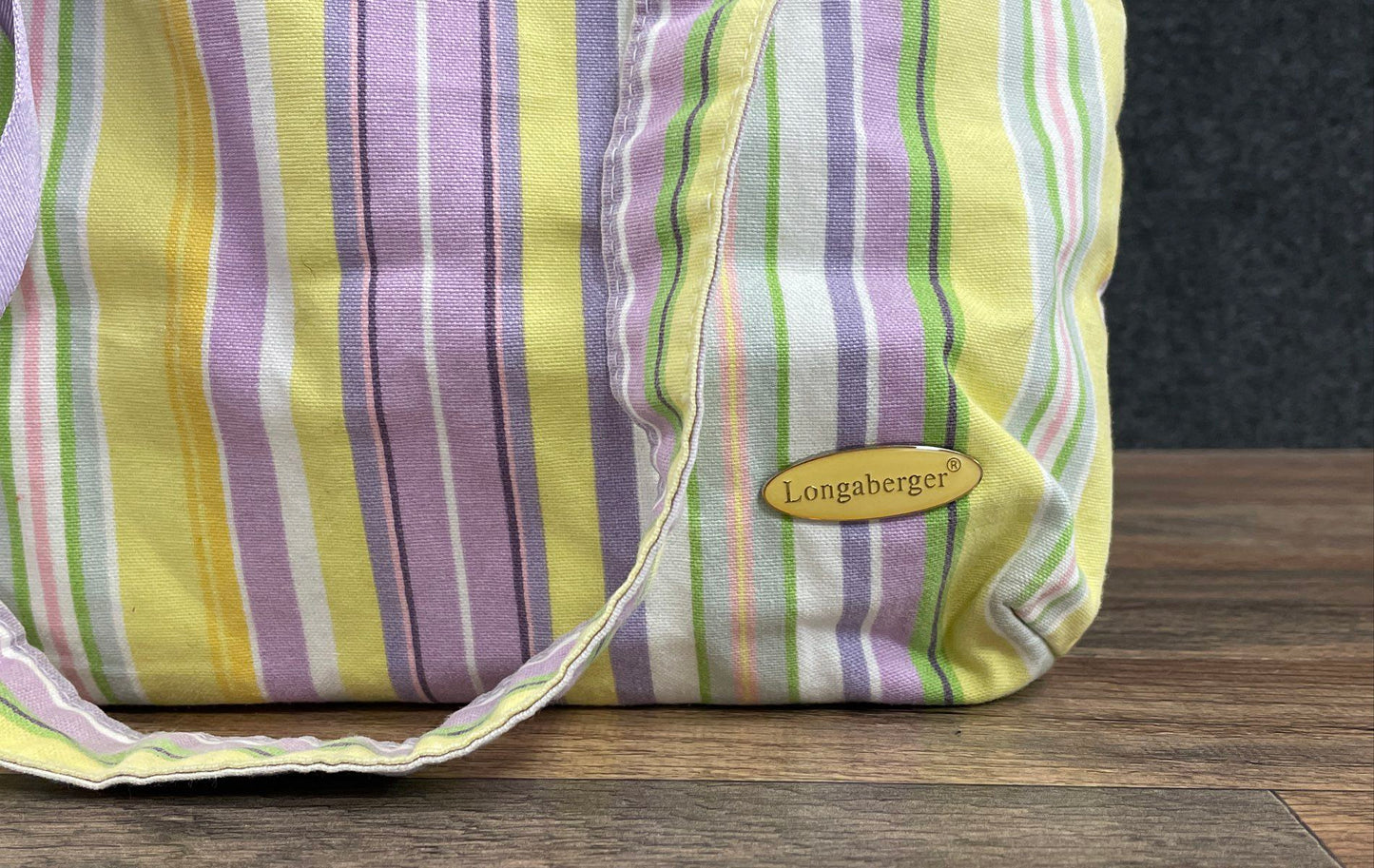 Longaberger Purple Yellow Striped Canvas Fabric Tote Bag Small Ribbon Bow