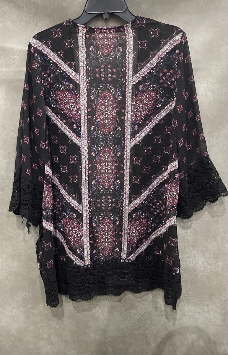 Mason & Belle Women's Purple Floral Sheer Open Kimono Cardigan Crochet Sz M