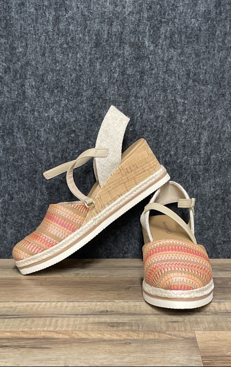 Baretraps Alycia Striped Multicolor Cork Espadrille Wedge Sandals Womens Sz 8 M