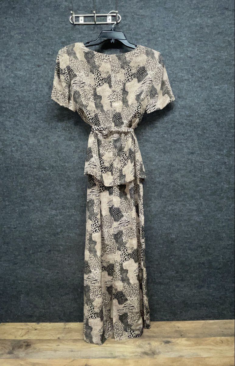 Vintage 90s Mixed Animal Print Peplum Maxi Dress Short Sleeve Back Slit Sz M