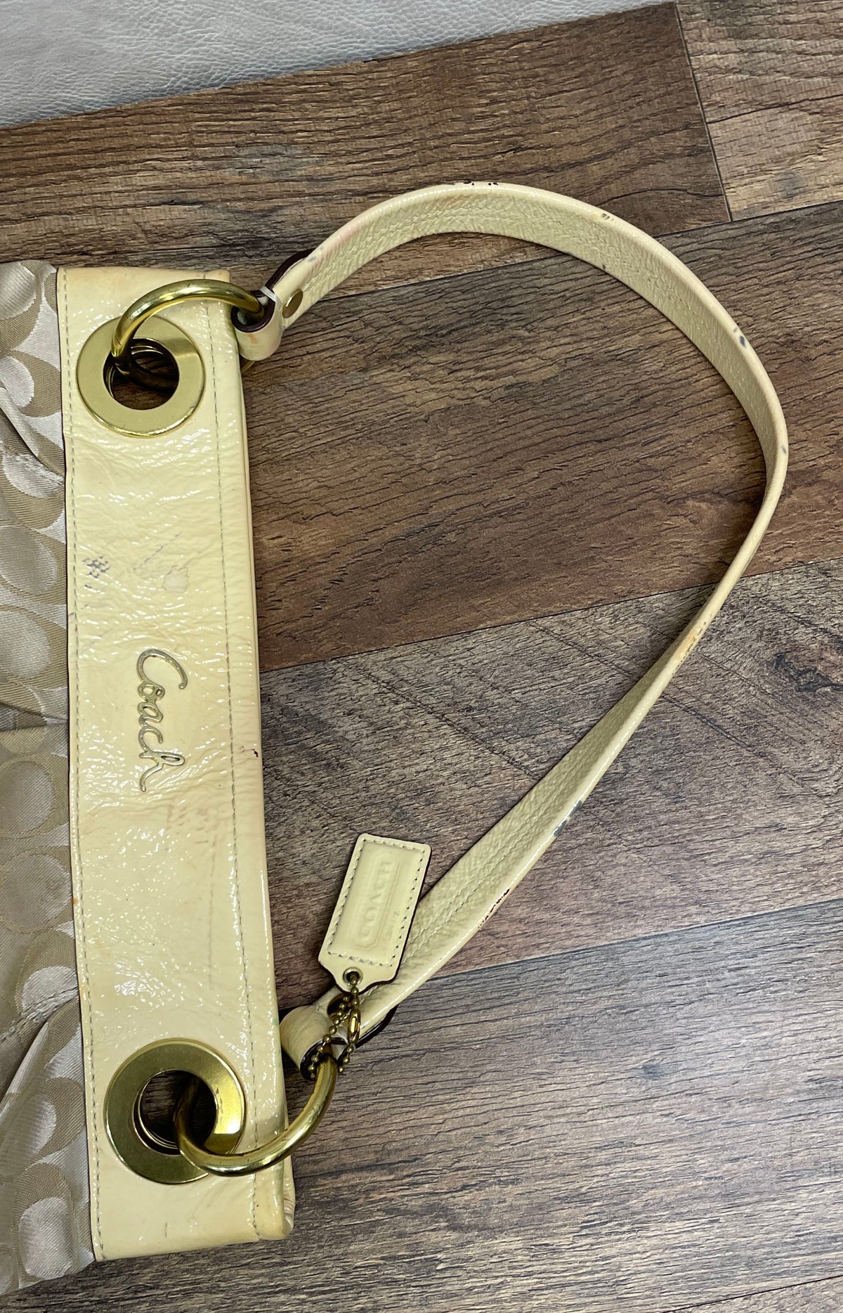 Coach Cream Signature Jacquard Sophia Satchel Bag Patent Leather Trim F17599