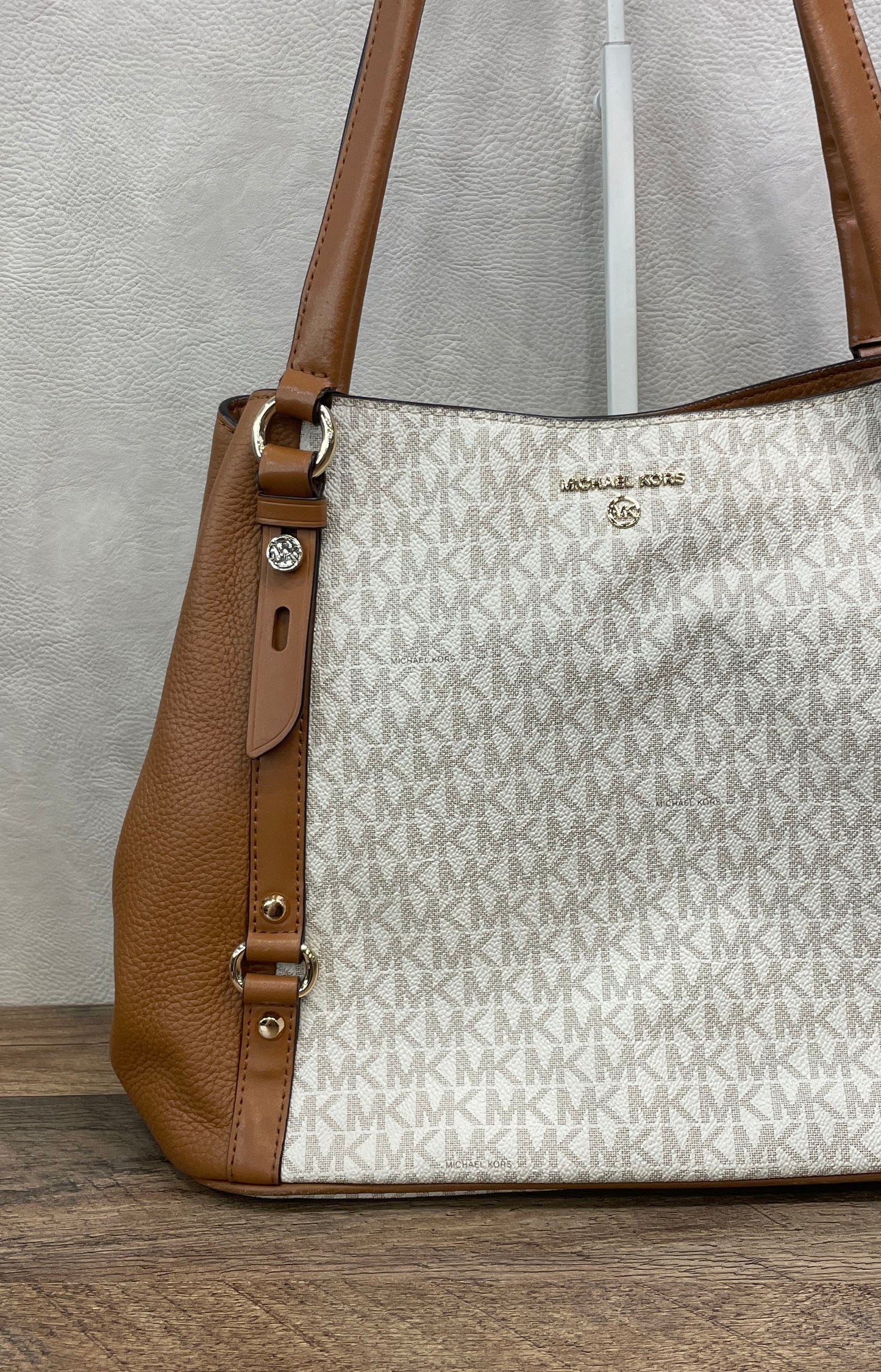 Michael Kors Brown White Monogram Signature Canvas Tote Bag Gold Hardware