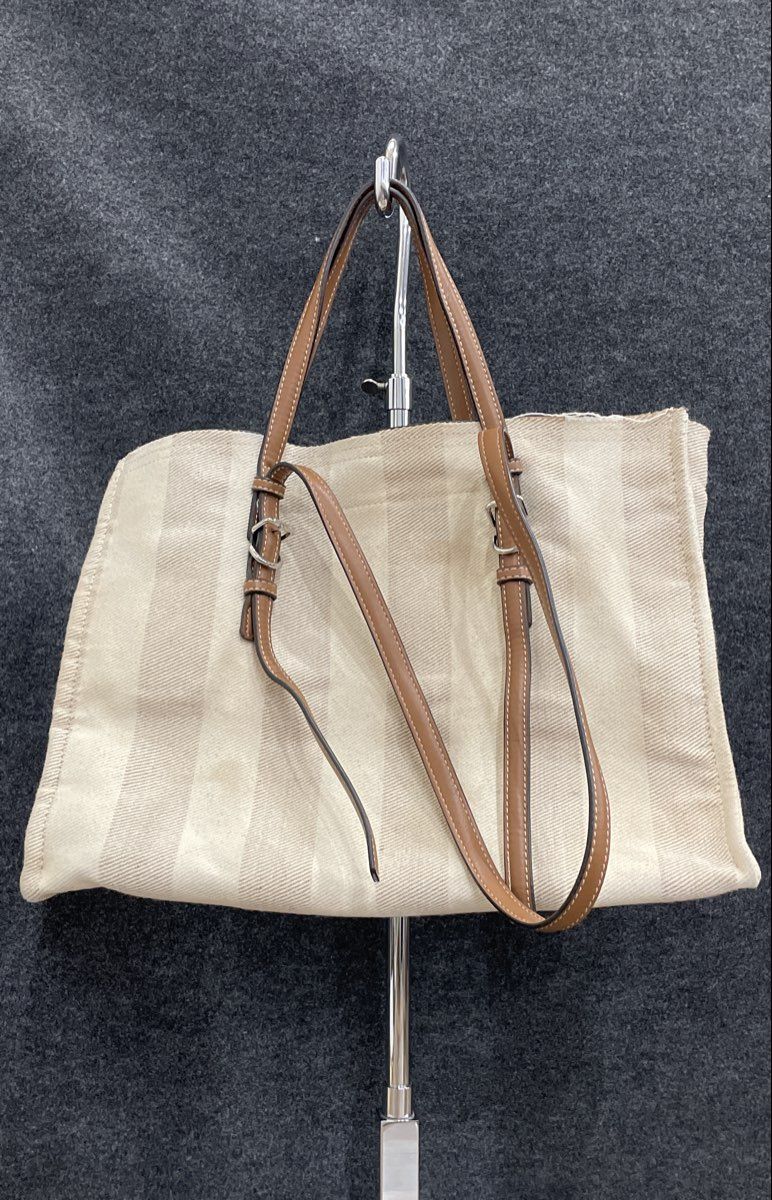 Zara White Striped Fabric Tote Bag Large Shopper Brown Trim Adjustable Straps