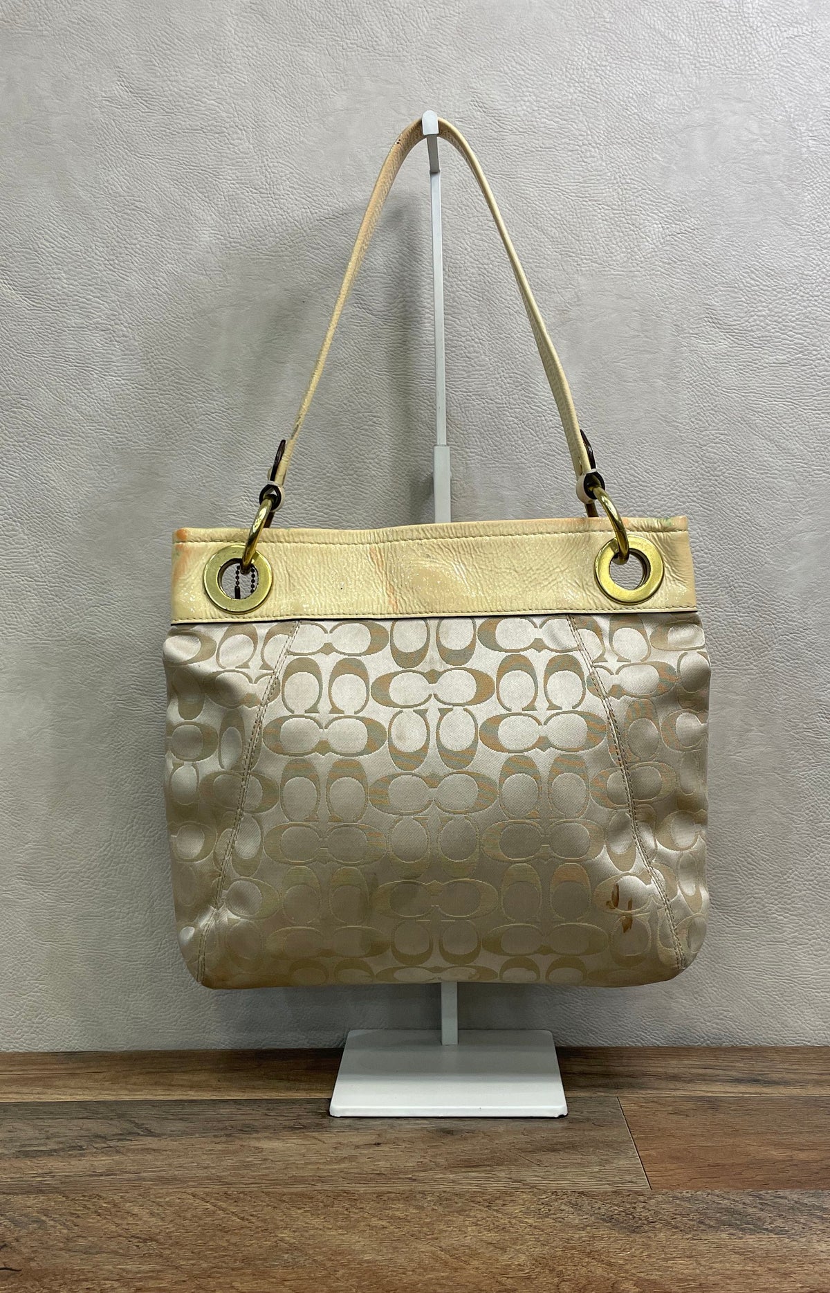 Coach Cream Signature Jacquard Sophia Satchel Bag Patent Leather Trim F17599