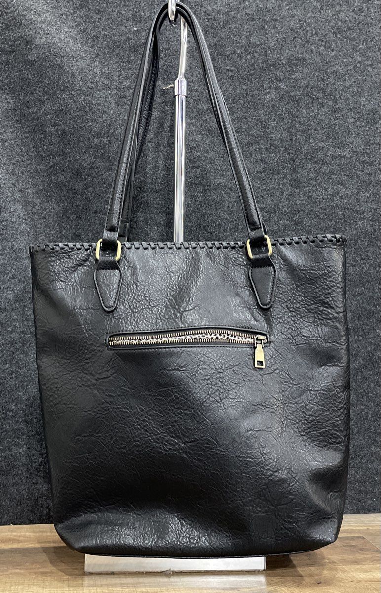 Antik Kraft Black Leather Large Tote Shoulder Bag Whipstitch Animal Print