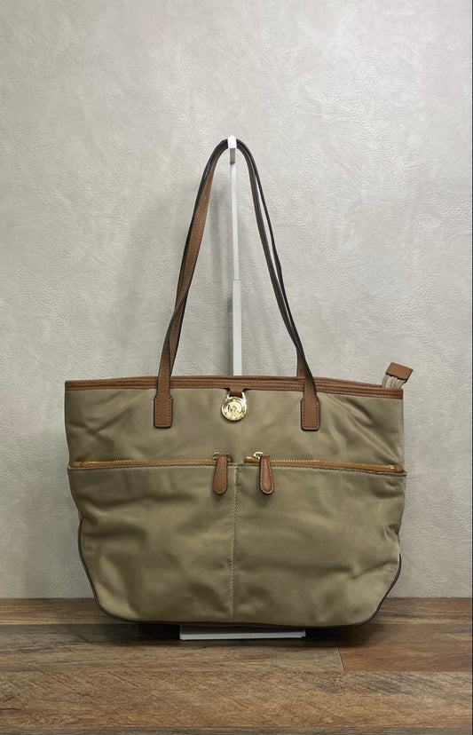 Michael Kors Tan Nylon Brown Saffiano Leather Pocket Tote Bag Gold Hardware