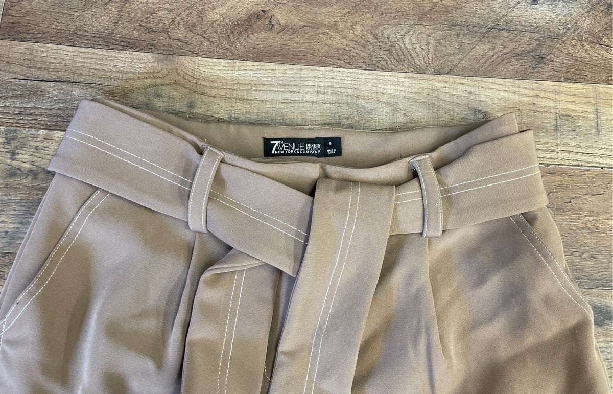 New York & Company Women's Tan 7th Ave Belted High Waist Tapered Pants Sz 8