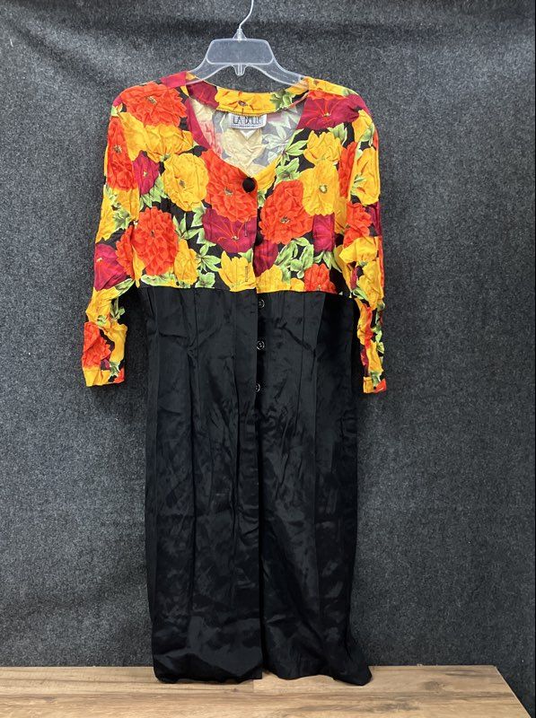 Vintage 90s La Belle Floral Two Tone Button Front Midi Dress Sz 11/12