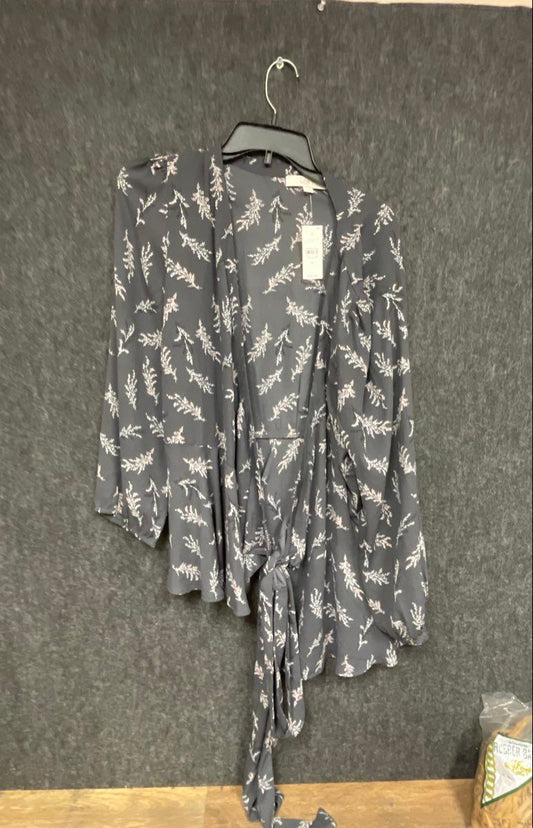 LOFT Women's Gray Floral Wrap Top Blouse Tie Waist Long Sleeve NWT Sz XL