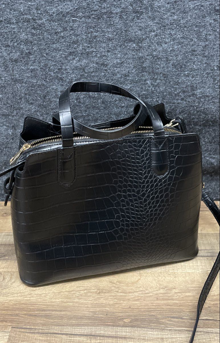A New Day Black Croc Embossed Faux Leather Satchel Tote Bag Gold Hardware
