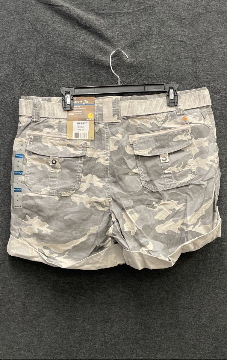 Carhartt Women's Relaxed Fit Essential Cargo Shorts Grey Camo Belt Sz 16 NWT