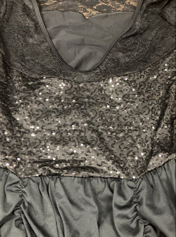 Women's Black Sequin Lace Long Sleeve Dance Costume Draped Skirt Dress