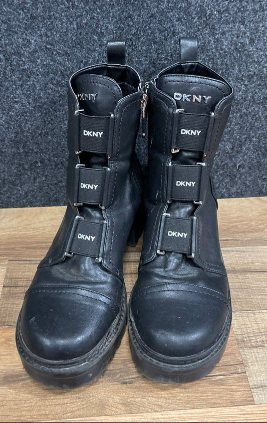 DKNY Barrett HYS Black Faux Leather Logo Strap Combat Boots Women's Size 9.5