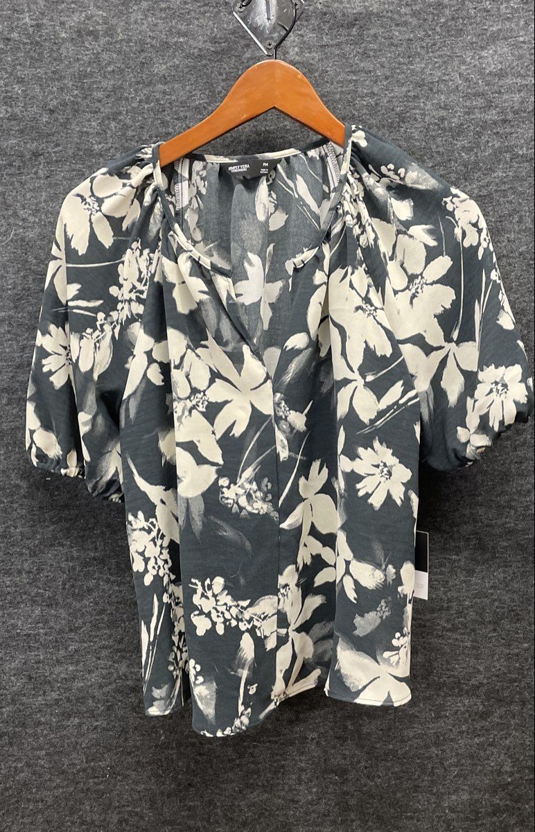 Simply Vera Wang Women's Grey White Floral Puff Sleeve Blouse Sz PM NWT