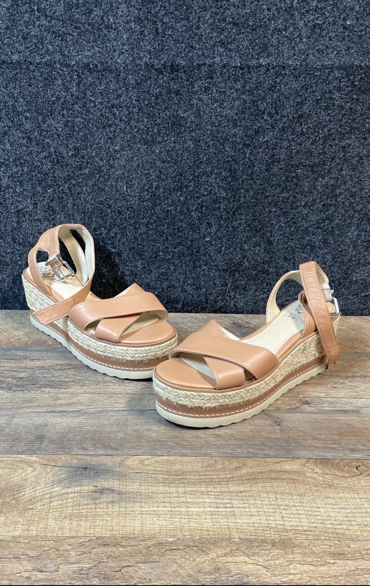 Vince Camuto Martinda Tan Leather Espadrille Platform Wedge Sandals Size 7.5