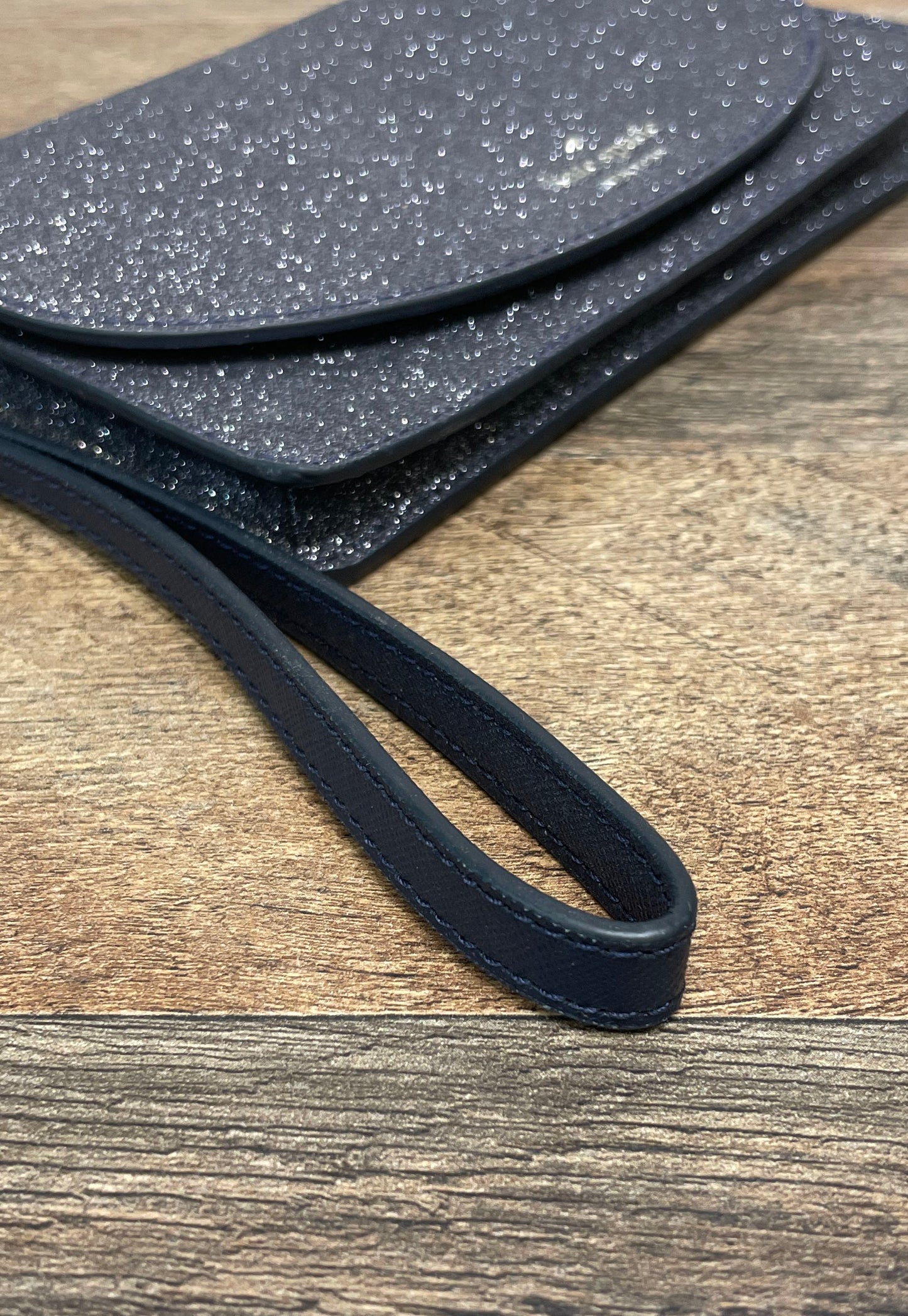 Kate Spade Silver Glitter Navy Blue Leather Trim Wristlet Clutch Bag