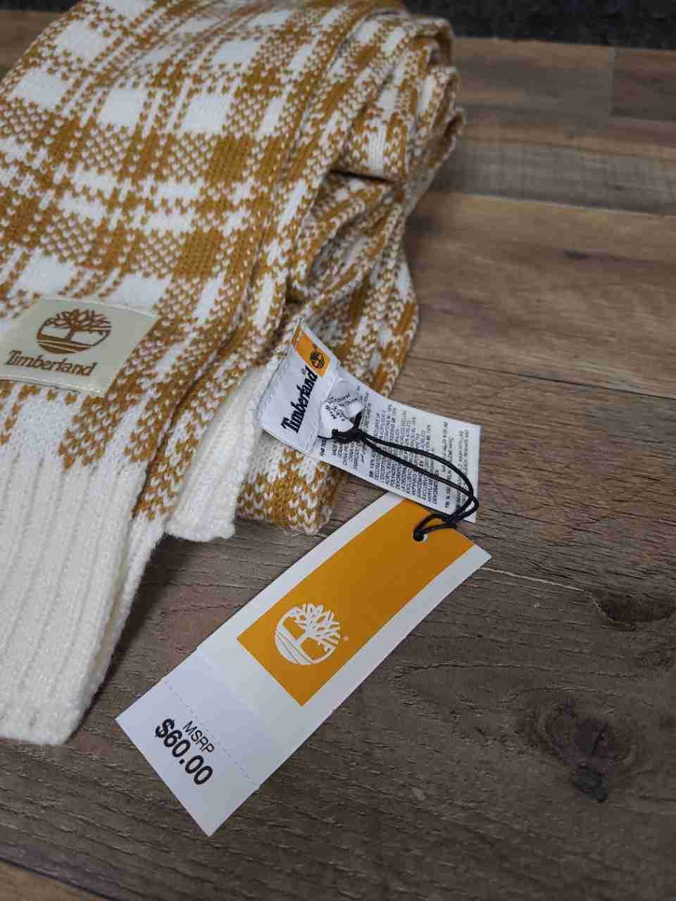 Timberland Unisex Plaid Knit Scarf Mustard White Checkered NWT