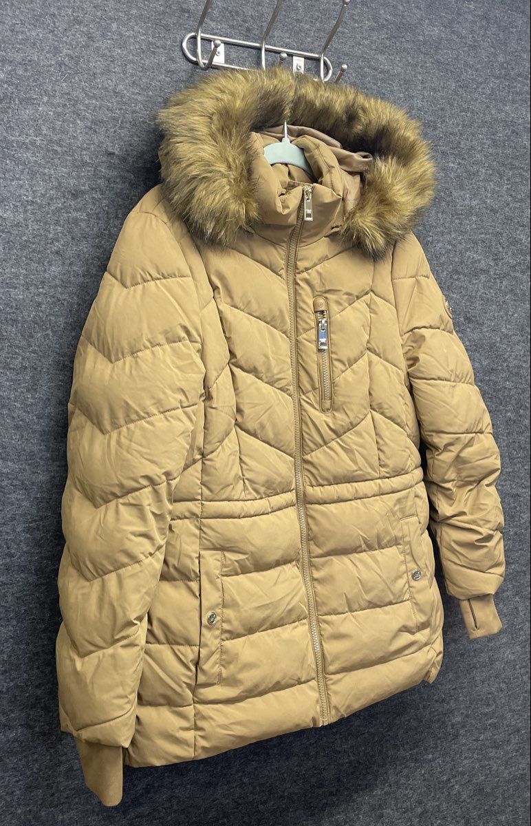 MICHAEL Michael Kors Women's Tan Faux Fur Trim Hooded Puffer Jacket Sz S