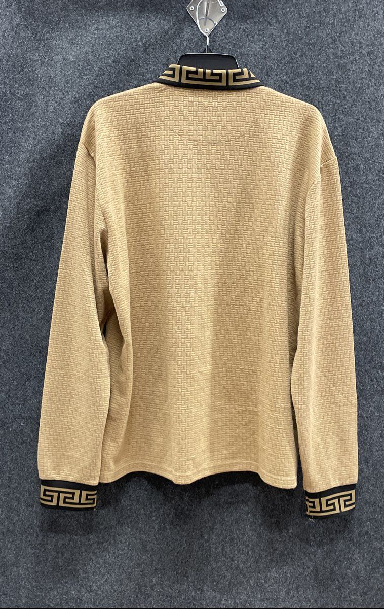 Suslo Couture Men's Brown Quarter Zip Pullover Greek Key Trim Shirt Sz 3XL