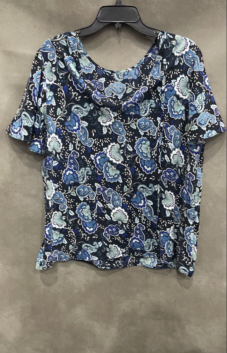 LOFT Women's Blue Paisley Short Sleeve Mixed Media Blouse Sz L