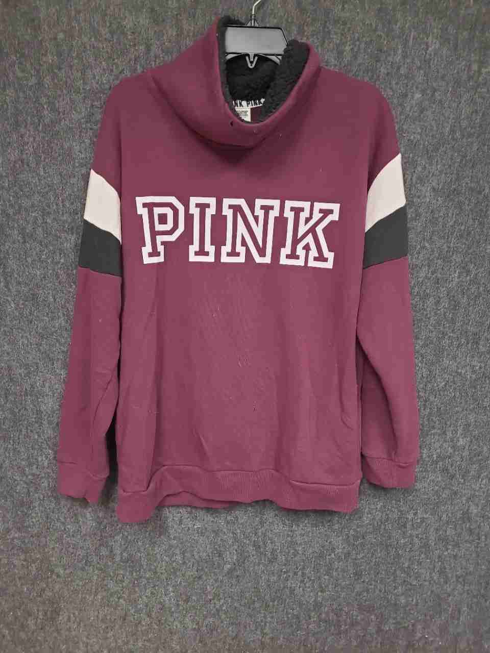 Victoria's Secret PINK Women's Maroon Sherpa Funnel Neck Stripe Hoodie Sz S