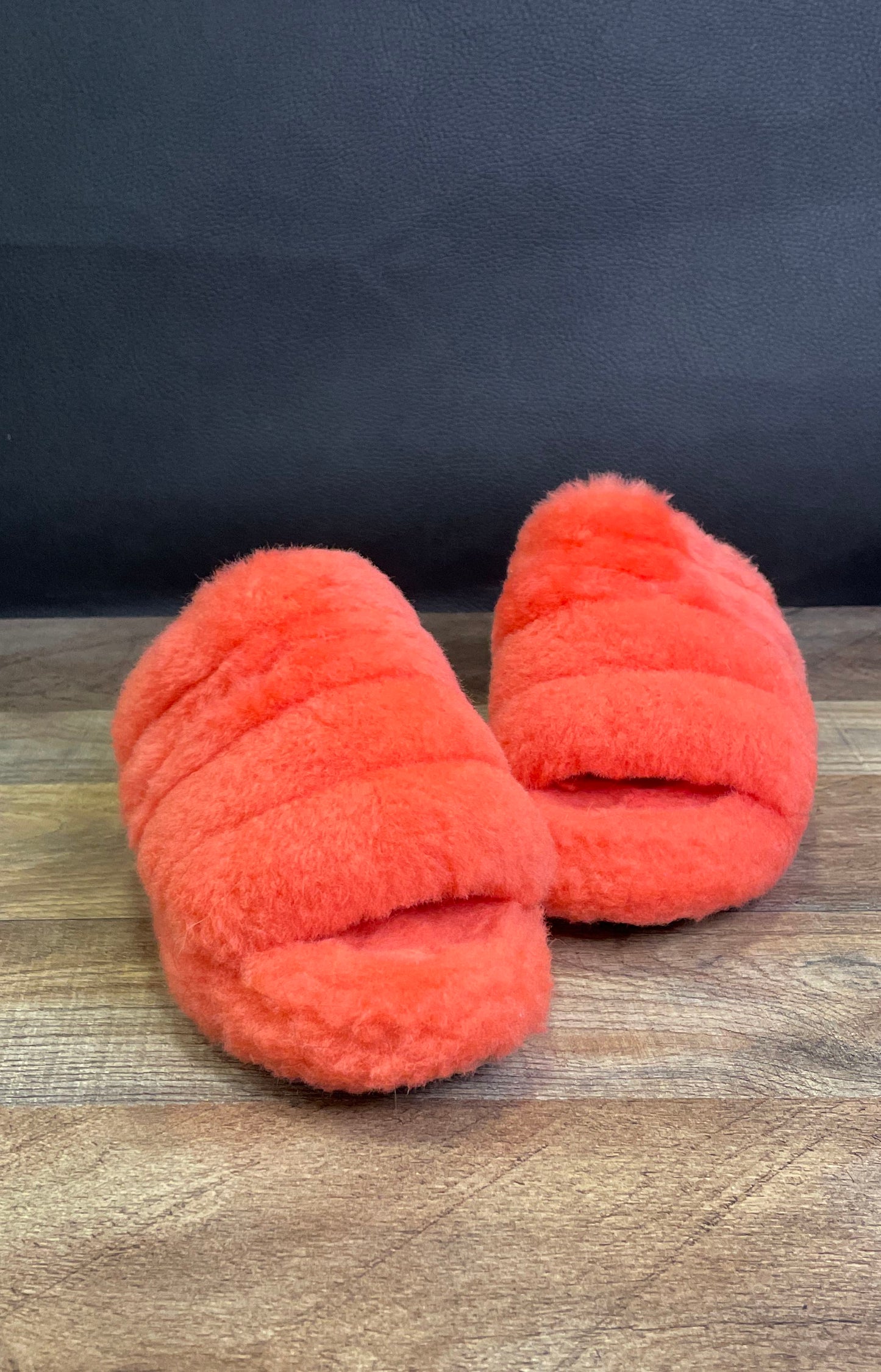 UGG Fluff Yeah Slide Coral Pink Sheepskin Elastic Strap Slippers Women's Size 7