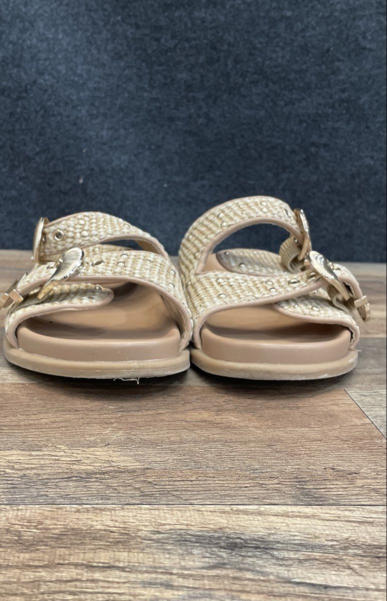 Steve Madden Tan Woven Raffia Double Buckle Studded Slides Women's Size 10M