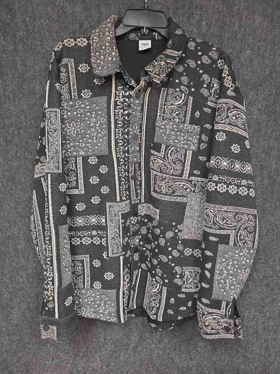 Zara Men's Patchwork Paisley Button Down Shirt Jacket Black White Size M
