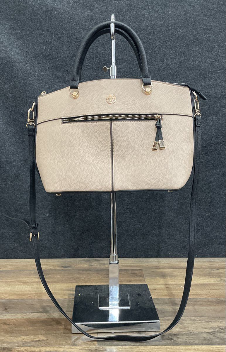 Anne Klein Grey Black Pebbled Satchel Crossbody Bag Gold Hardware