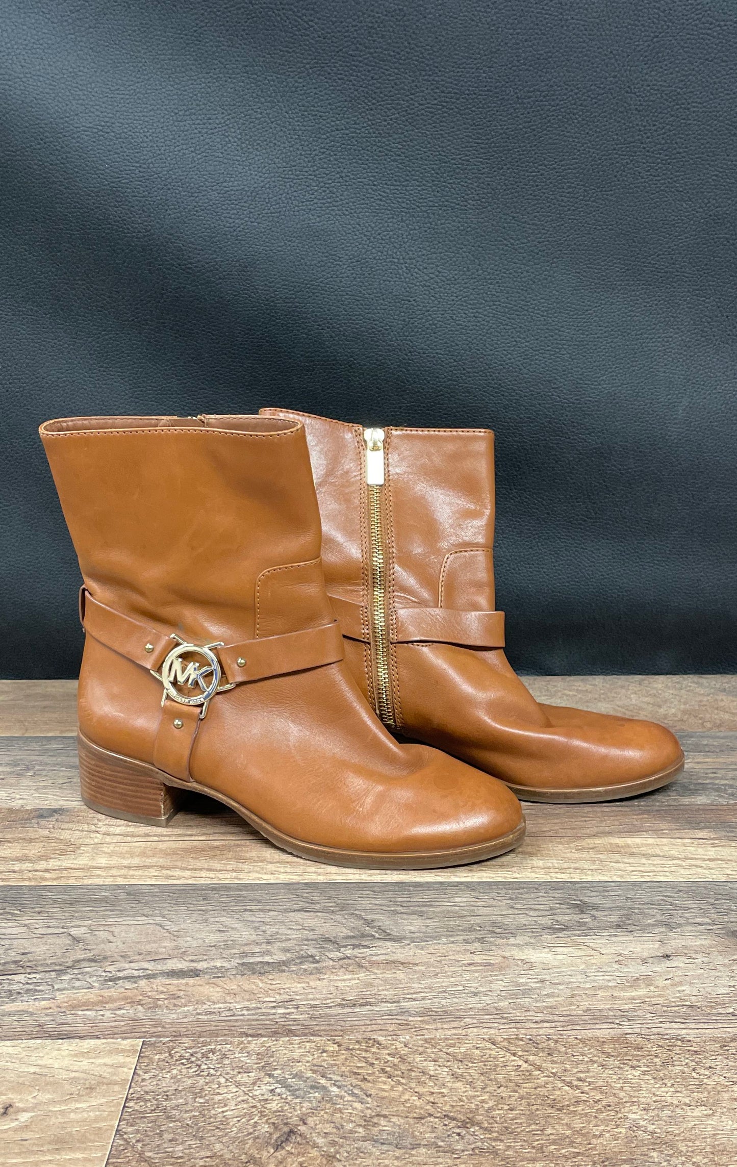 Michael Kors Brown Leather Harness Ankle Boots Gold MK Logo Size 7