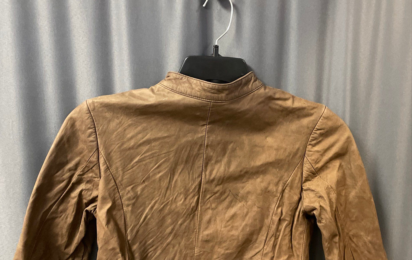 Afrika Kueros Women's Brown Leather Cafe Racer Jacket Mock Neck Full Zip Sz S