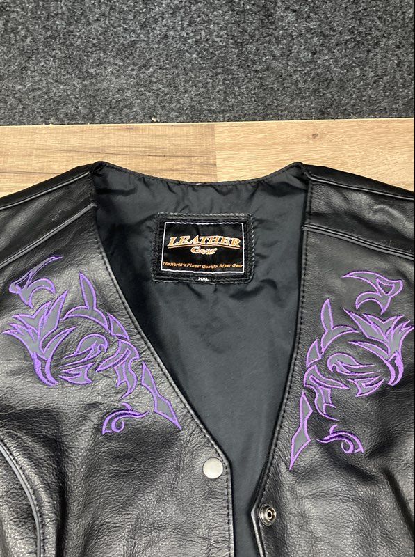 Leather Gear Women's Biker Vest Black Purple Embroidered Lace Up Sz XXL