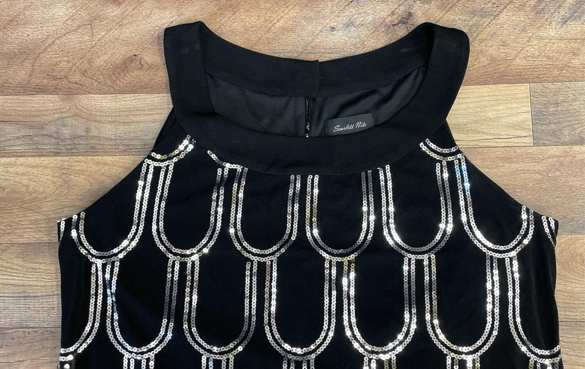 Scarlett Nite Women's Black Sequin Scalloped Art Deco Sleeveless Dress NWT 20W
