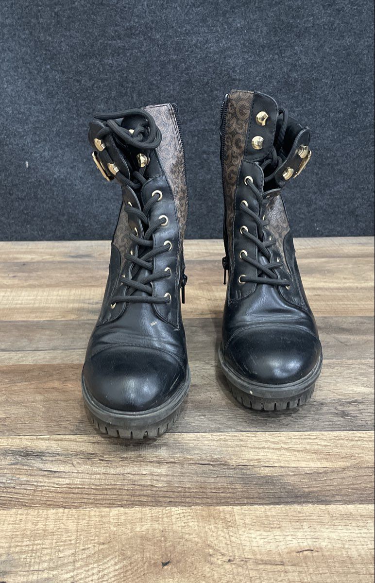 GBG Los Angeles Sifty Brown Monogram Lace Up Block Heel Combat Boots Size 8M