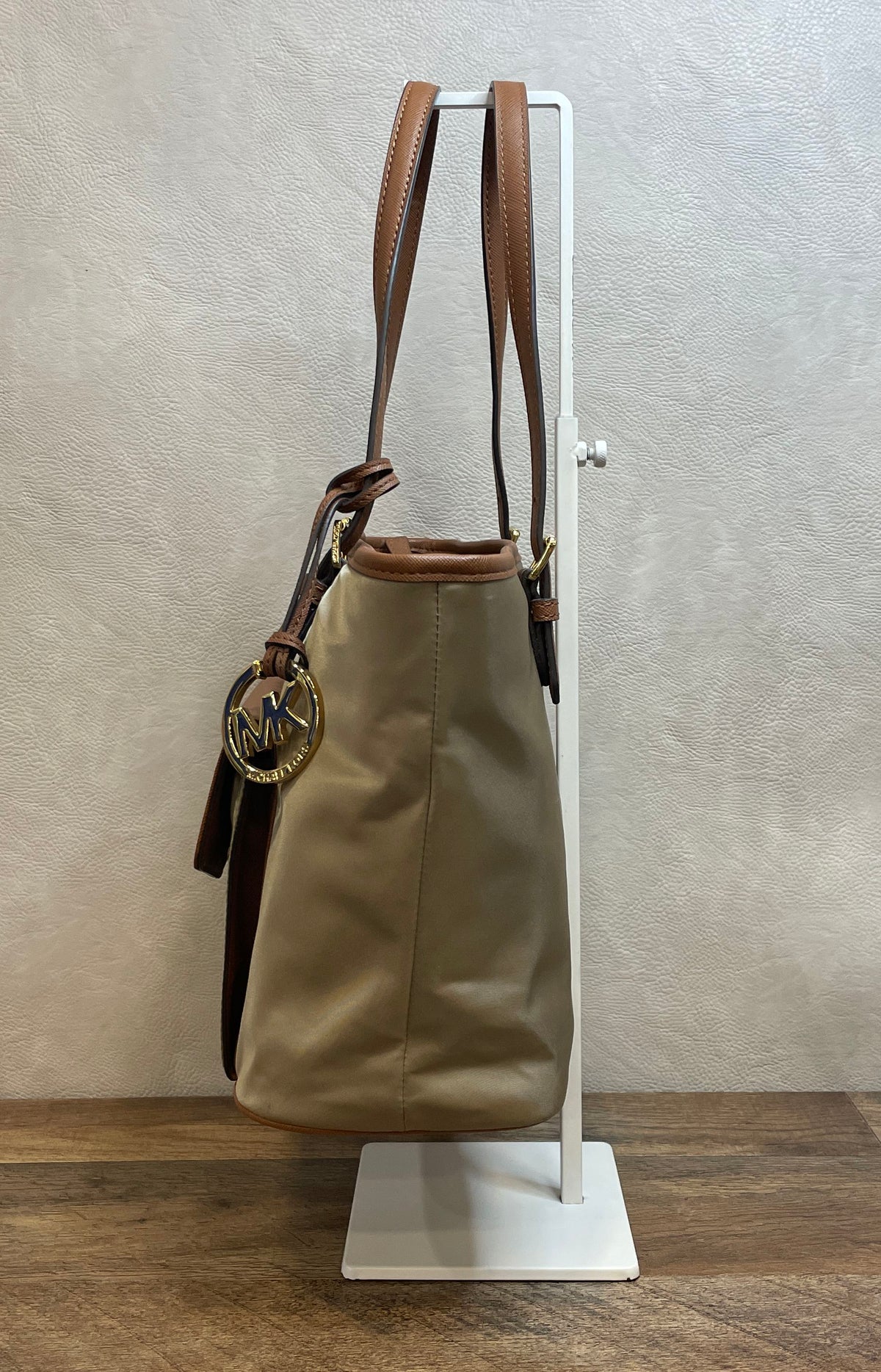 Michael Kors Beige Nylon Brown Leather Trim Tote Bag Gold Hardware MK Charm