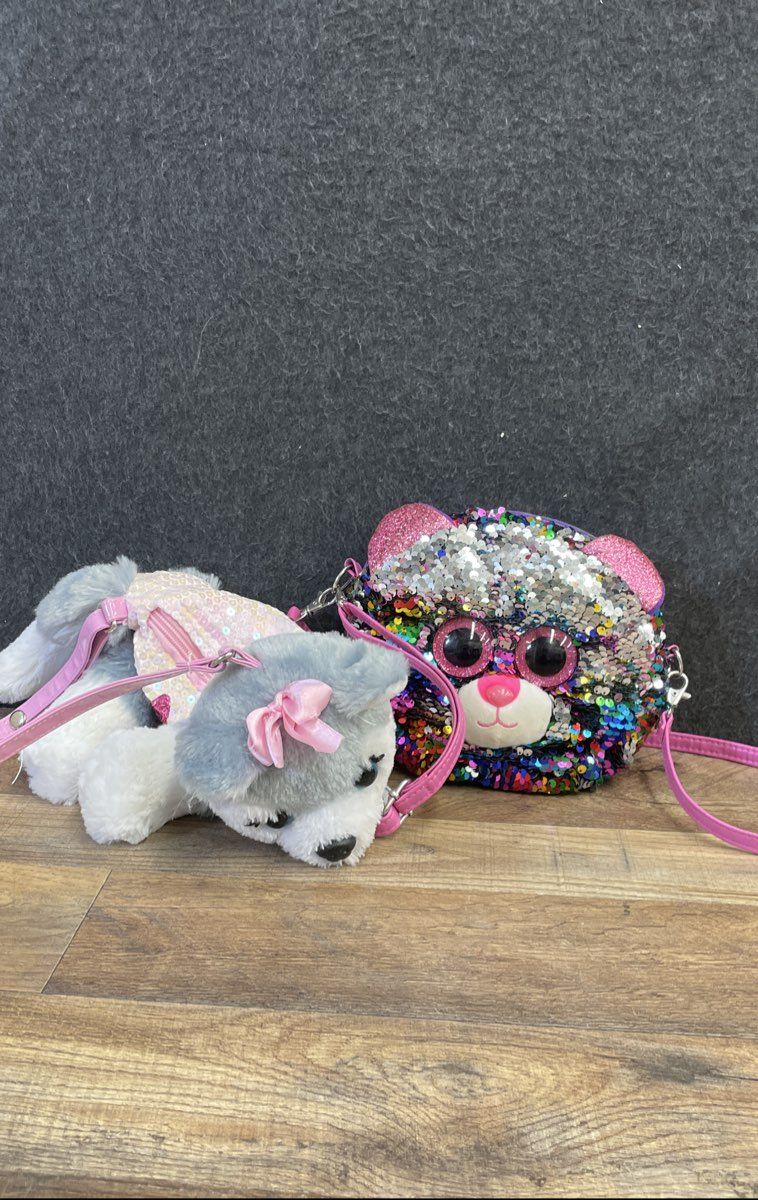 Poochie & Co Ty Beanie Boo Kids Plush Purse Lot of 2 Sequin Dog Cat Crossbody