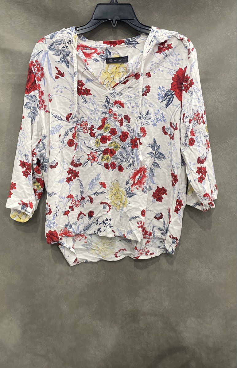 M&S Collection Women's White Floral V-Neck Tie 3/4 Sleeve Blouse Sz 16