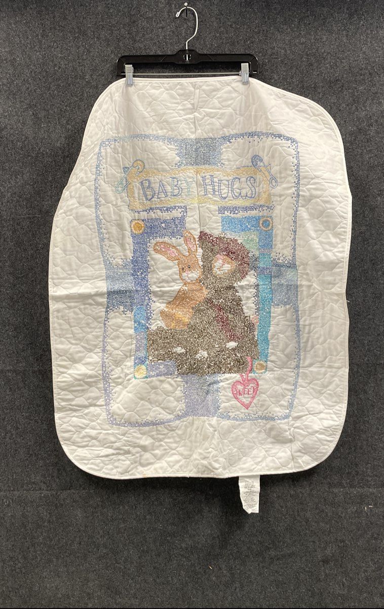 Baby Hugs Cross Stitch Quilted Blanket Teddy Bear Bunny White Vintage Style