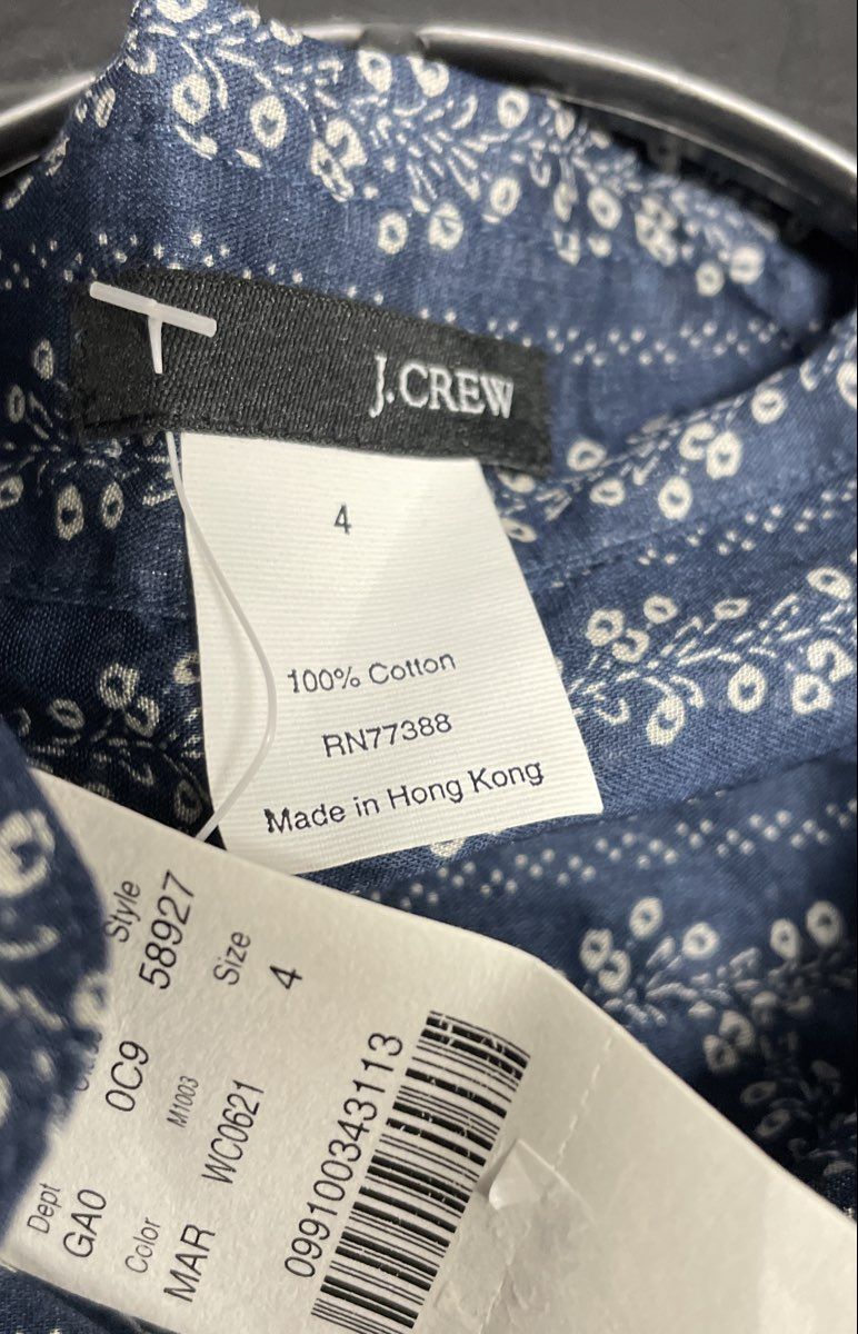 J.Crew Women's Blue Floral Vine Print Cotton Button Down Blouse Sz 4 NWT