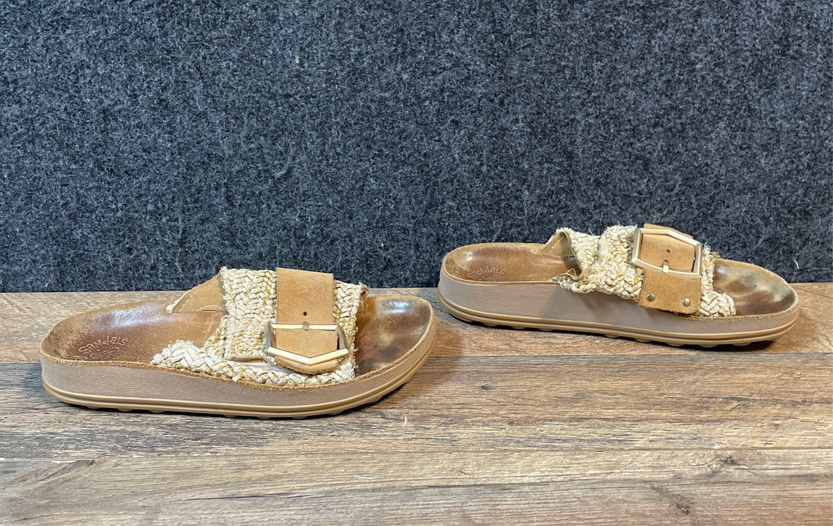 Fantasy Sandals Tan Gold Woven Suede Slide Sandals Size 38