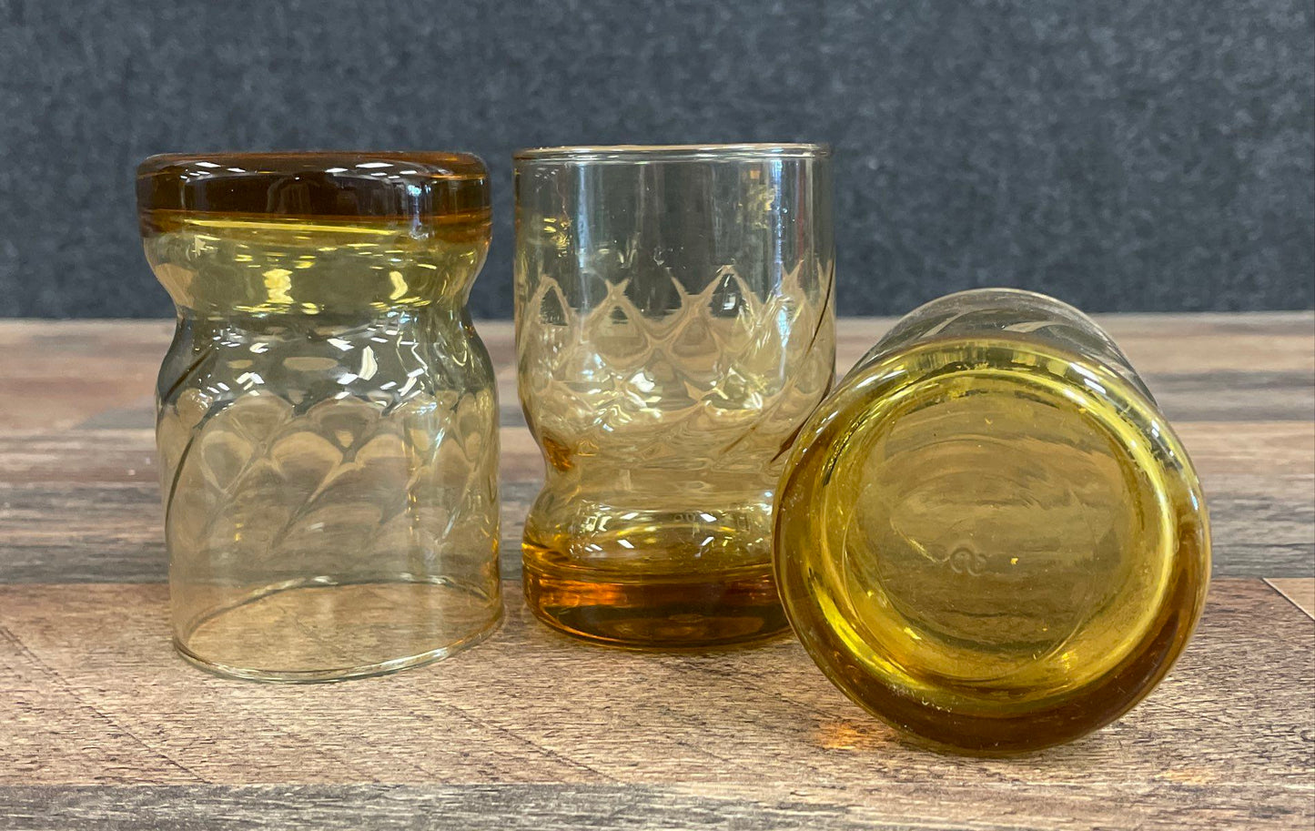 L.E. Smith Amber Glass Juice Tumblers 3 Piece Set Pinwheel Swirl Pattern 3.5"