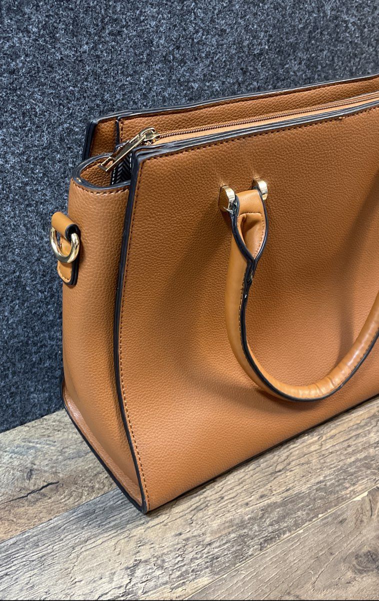 Isabelle Brown Pebbled Faux Leather Satchel Handbag Gold Tone Large Tote