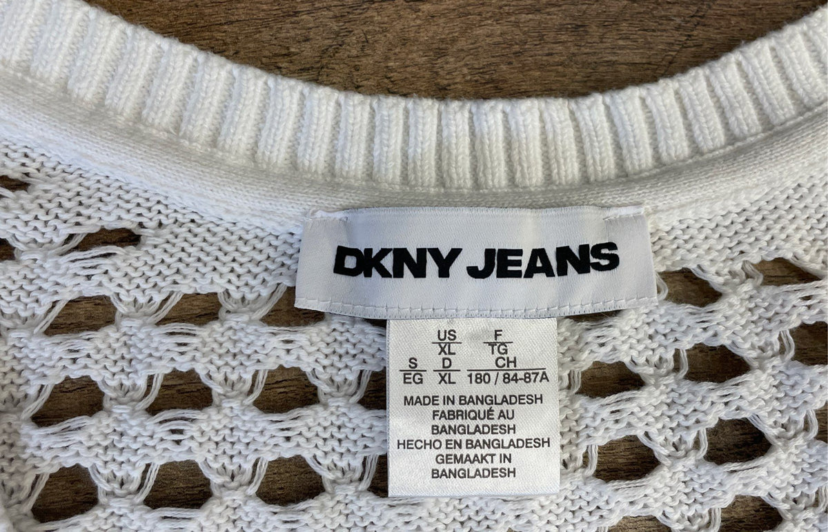 DKNY Jeans Women's White Open Knit V-Neck Cotton Sweater Size XL