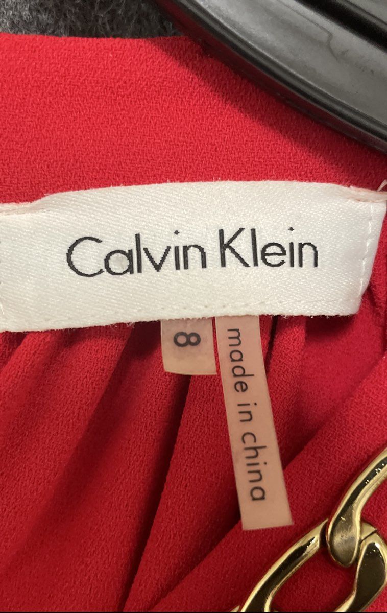 Calvin Klein Women's Red Dress Gold Chain Neckline Sleeveless Sz 8