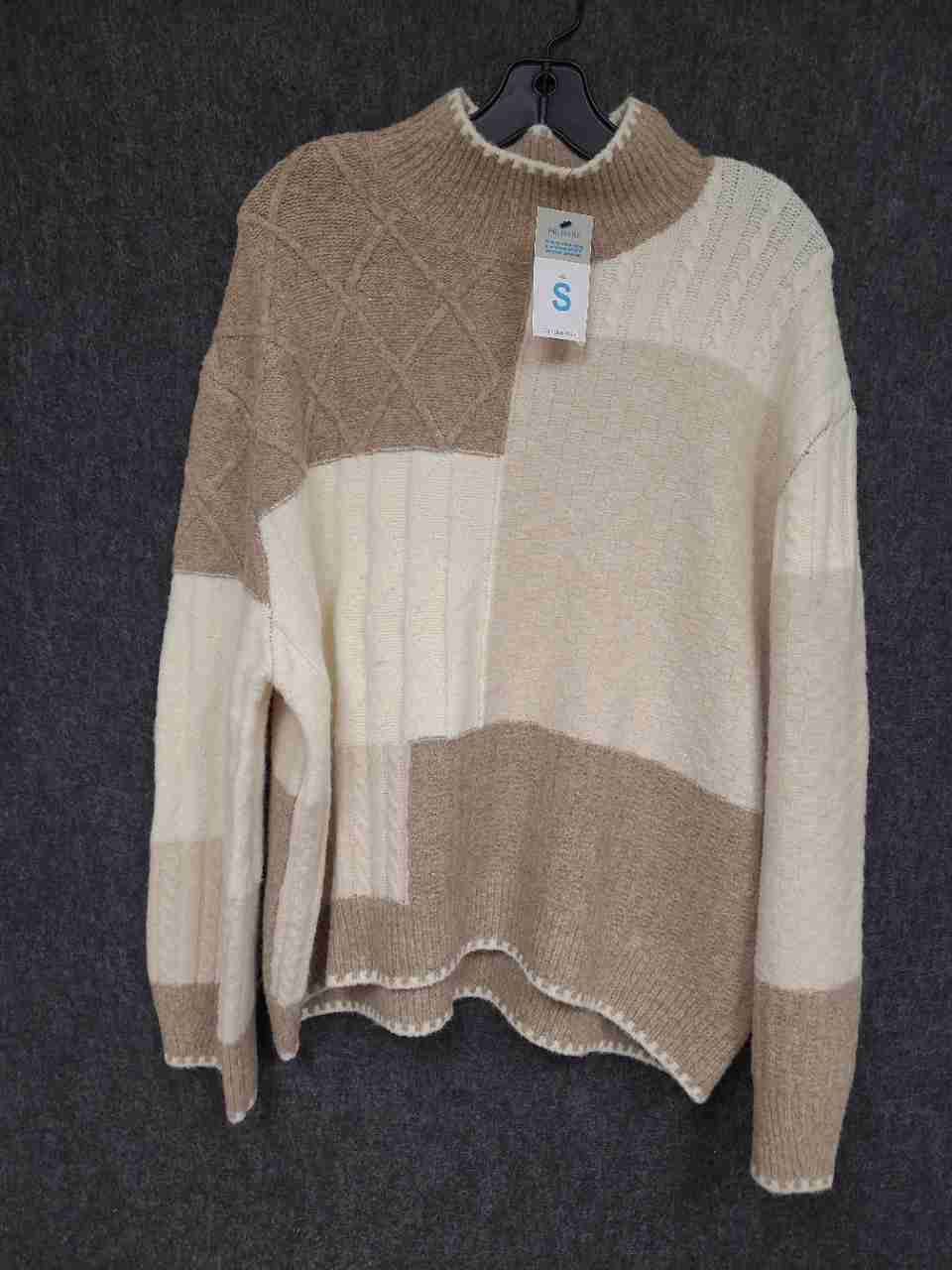 Primark Women's Beige Cream Patchwork Cable Knit Mock Neck Sweater Sz S NWT
