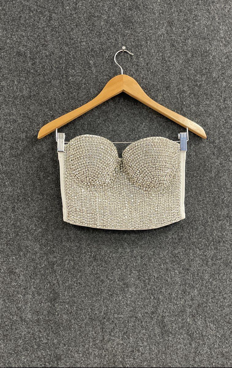 Windsor Women's White Rhinestone Strapless Bustier Corset Crop Top Sz S