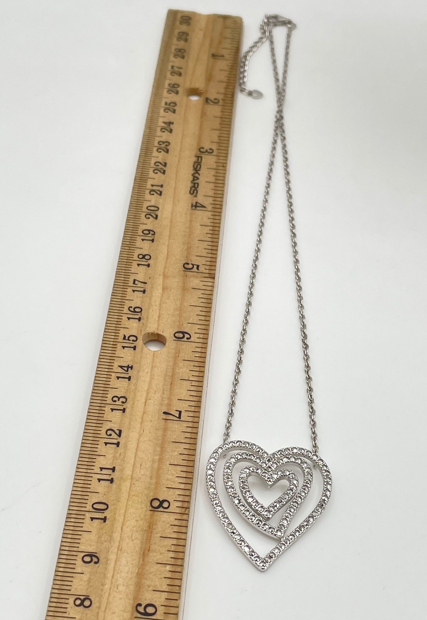 925 Sterling Silver Triple Heart Marcasite Accent Pendant Necklace 8.6g